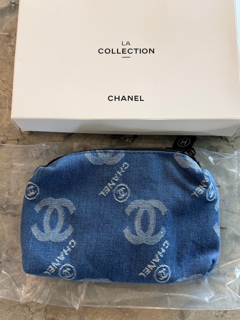 CHANEL VIP Gift Blue Denim Logo Cosmetic Pouch